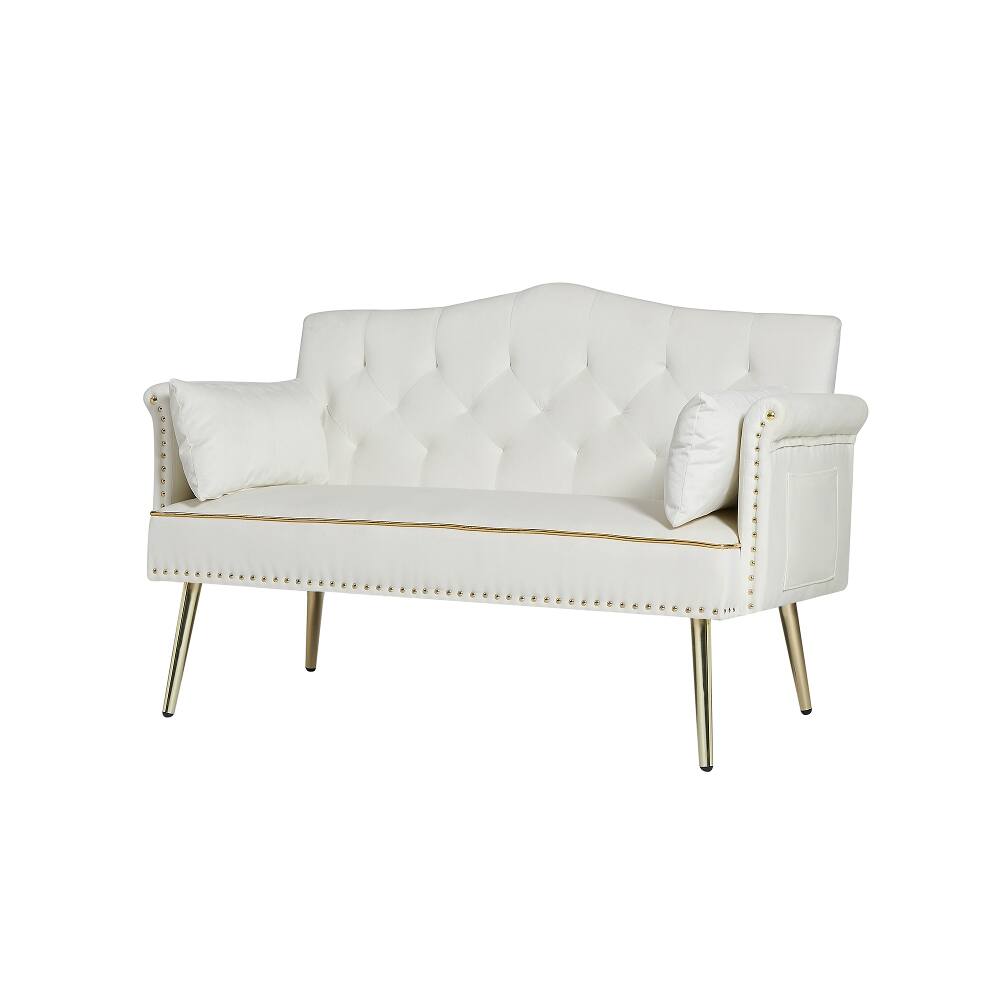 Alt View 4. Loheer - Loheer Cream White 2 Seater Sofa Tufted Velvet Loveseat with Gold Metal Legs Small Apartment Couch - Cream White.