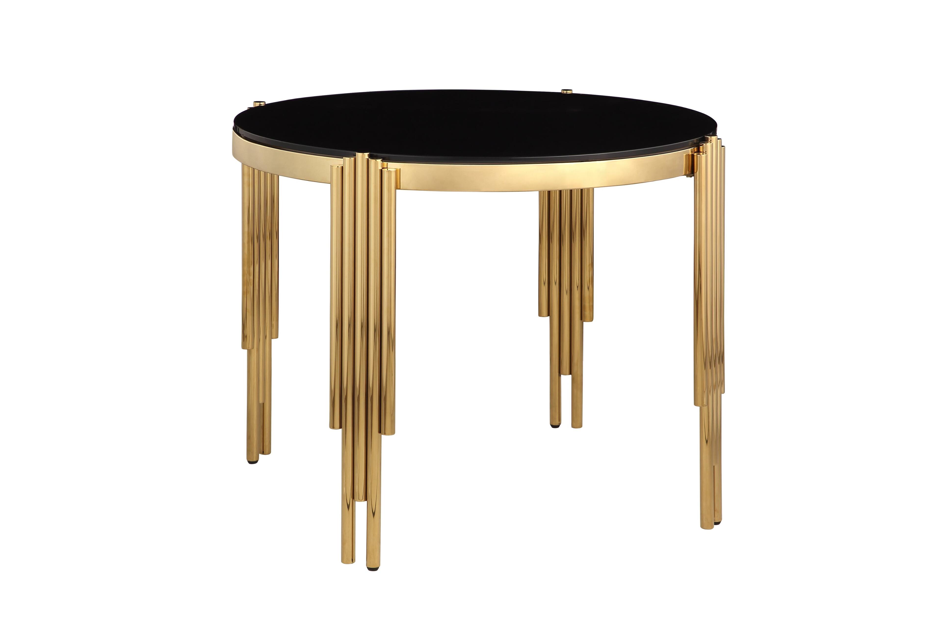 Left. TinyHomie - 386 Round Glass Dining Table Tempered Glass Top Polished Gold Legs - Brown.