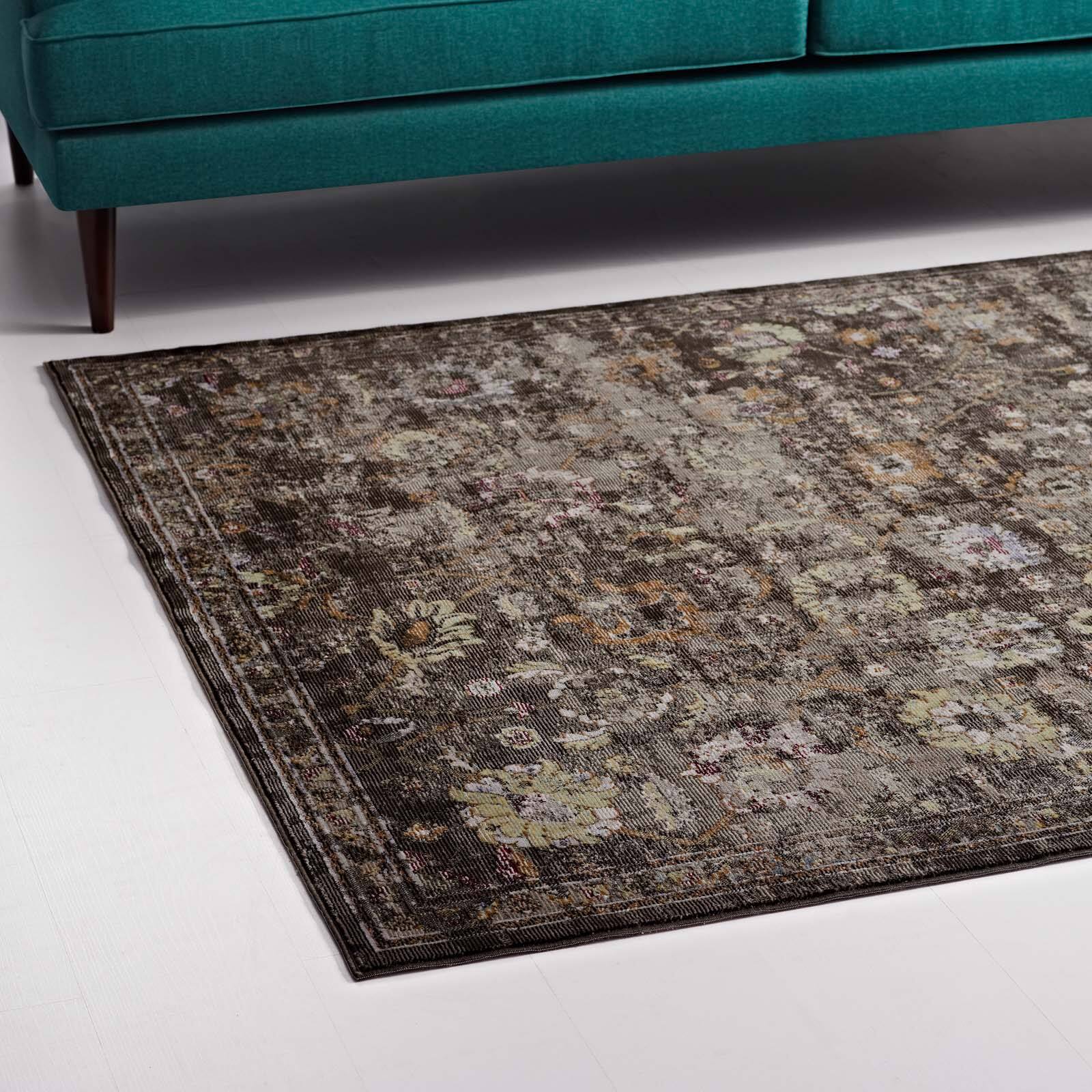 Back. Modway - Minu Distressed Floral Lattice Area Rug - Black Yellow and Orange.