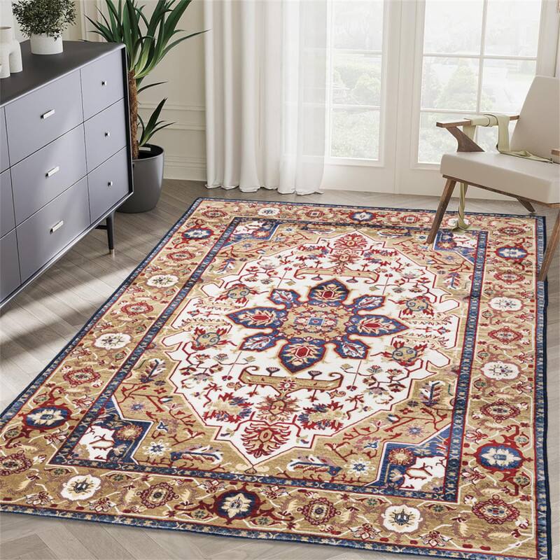 Alt View 5. HTUTWOO - Area Rug 6x9 Vintage Bohemia - Large Persian Non-slip Washable Rug for Living Room Kitchen Bedroom, Flower Design - Blue+Gold.