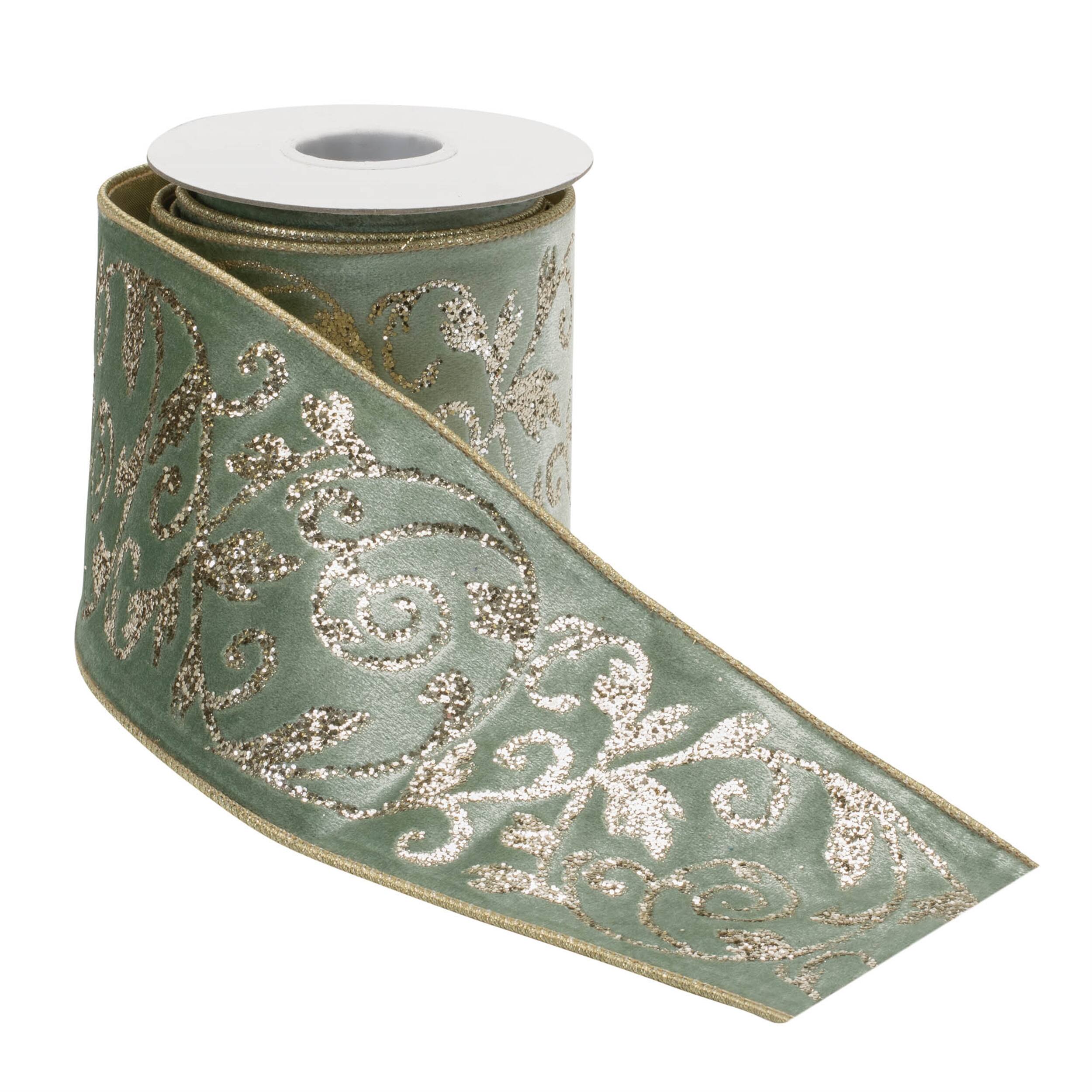 Angle. BreeBe - Ornate Glittered Wired Ribbon 4" x 5 Yds. - Green, Gray.