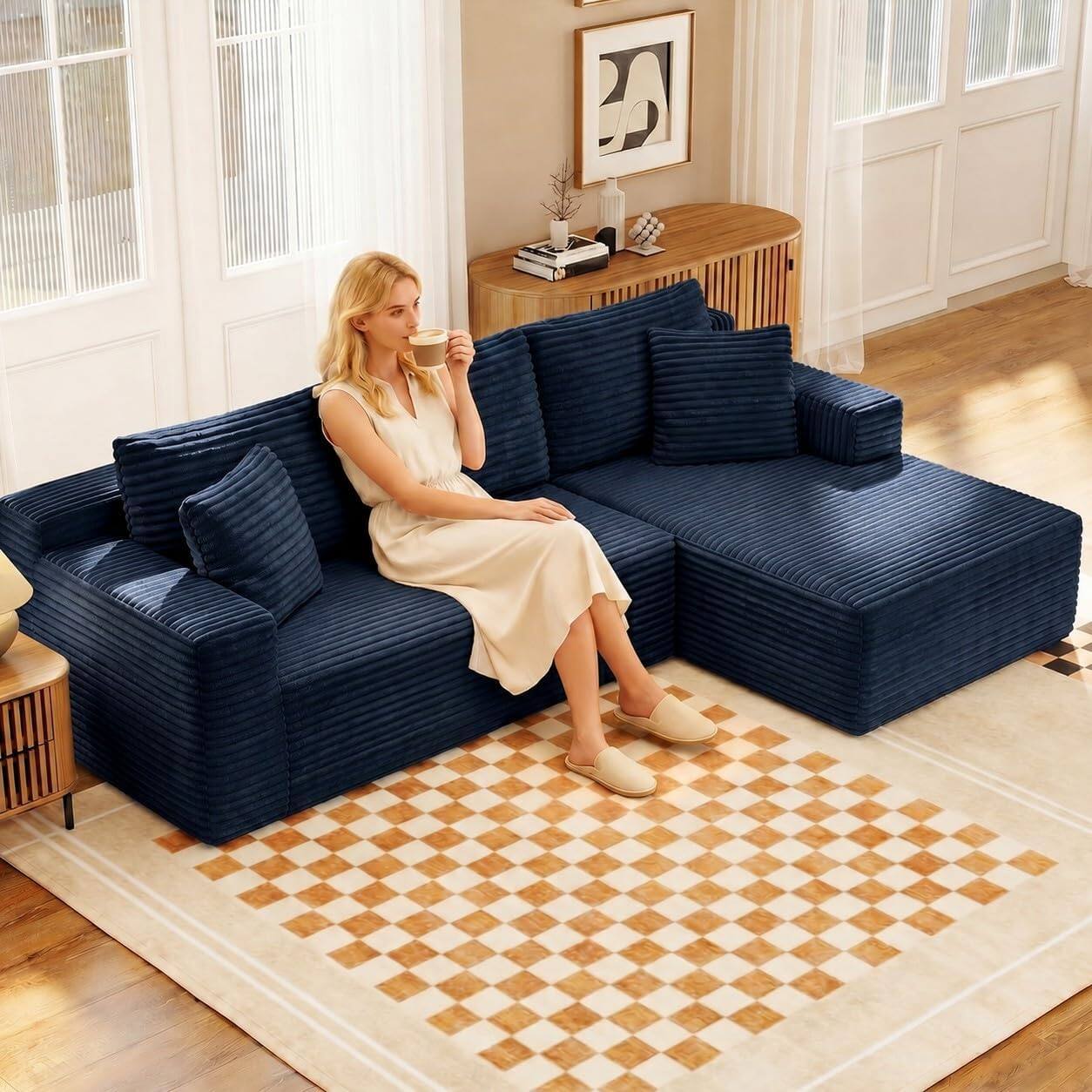 Angle. Anysun - 106.3" Modular Right Facing Cloud Combination Sofa – L-Shaped Living Room Sofa with Recliner, Modern Minimalist Design - Blue.