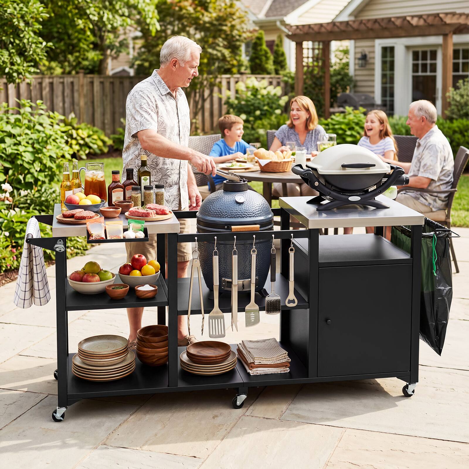 Costway Outdoor Grill Cart with Cabinet Stainless Steel Tabletop Hooks ...