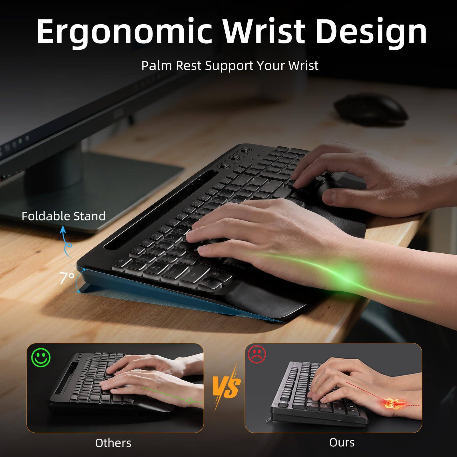 Ergonomic Wrist Design  
Palm Rest Support Your Wrist  

Foldable Stand  
7°  

Others vs Ours