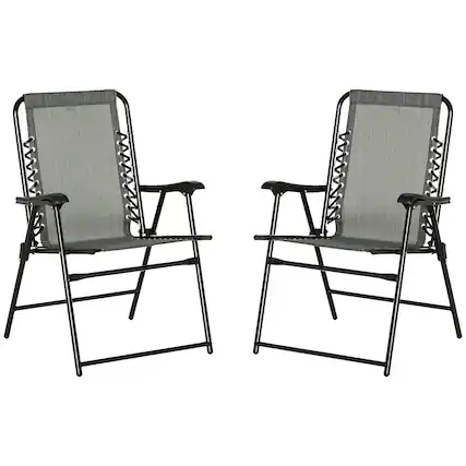 Front. Outsunny - Set of 2 Patio Folding Chairs, Outdoor Bungee Sling Chairs w/ Armrests, Portable Lawn Chairs for Camping, Garden - Gray.