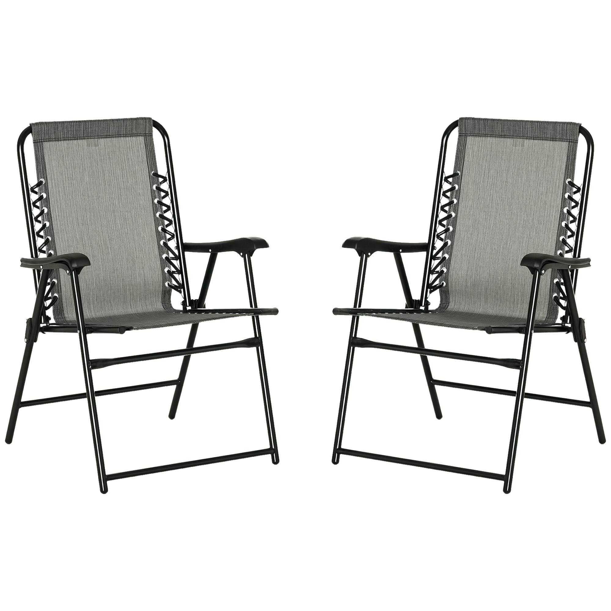 Front. Outsunny - Set of 2 Patio Folding Chairs, Outdoor Bungee Sling Chairs w/ Armrests, Portable Lawn Chairs for Camping, Garden - Gray.