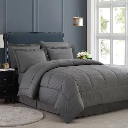 Front. Sweet Home Collection - 8 Piece Embossed Dobby Stripe Bed in a Bag All Season Complete Set with Sheets - Queen - Gray.