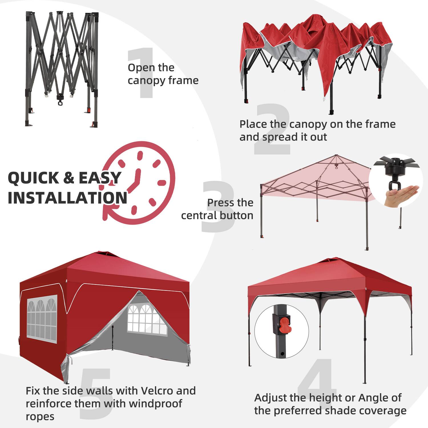 1. Open the canopy frame
2. Place the canopy on the frame and spread it out
3. Press the central button
4. Adjust the height or angle of the preferred shade coverage
5. Fix the side walls with Velcro and reinforce them with windproof ropes