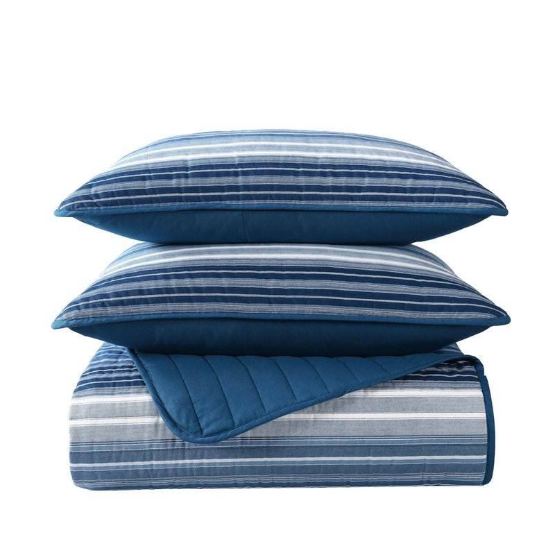 Angle. Hivvago - King Size Coastal Blue Stripe Reversible Cotton Quilt Set - Blue.