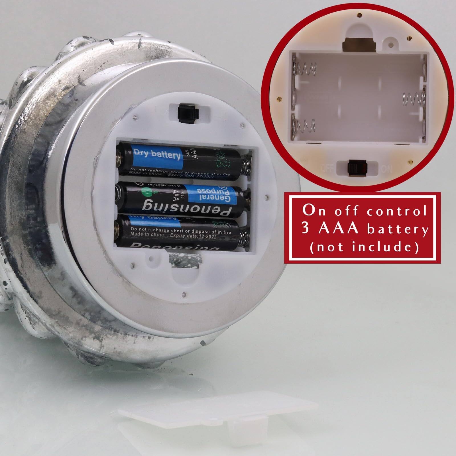 Dry battery  
AA  
Do not recharge. Short or dispose of in fire.  
Made in China  
Expiry date: 12-2022  

Panasonic  

On off control  
3 AAA battery (not include)