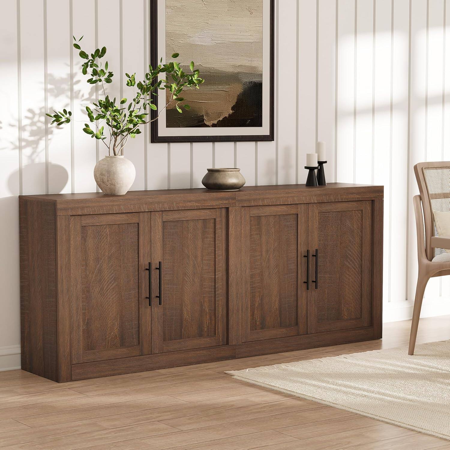 Front. Jojoka - 70.8" Mid-Century Modern Sideboard Buffet Cabinet with 4 Wood Doors & Modular Storage - Brownish Red.