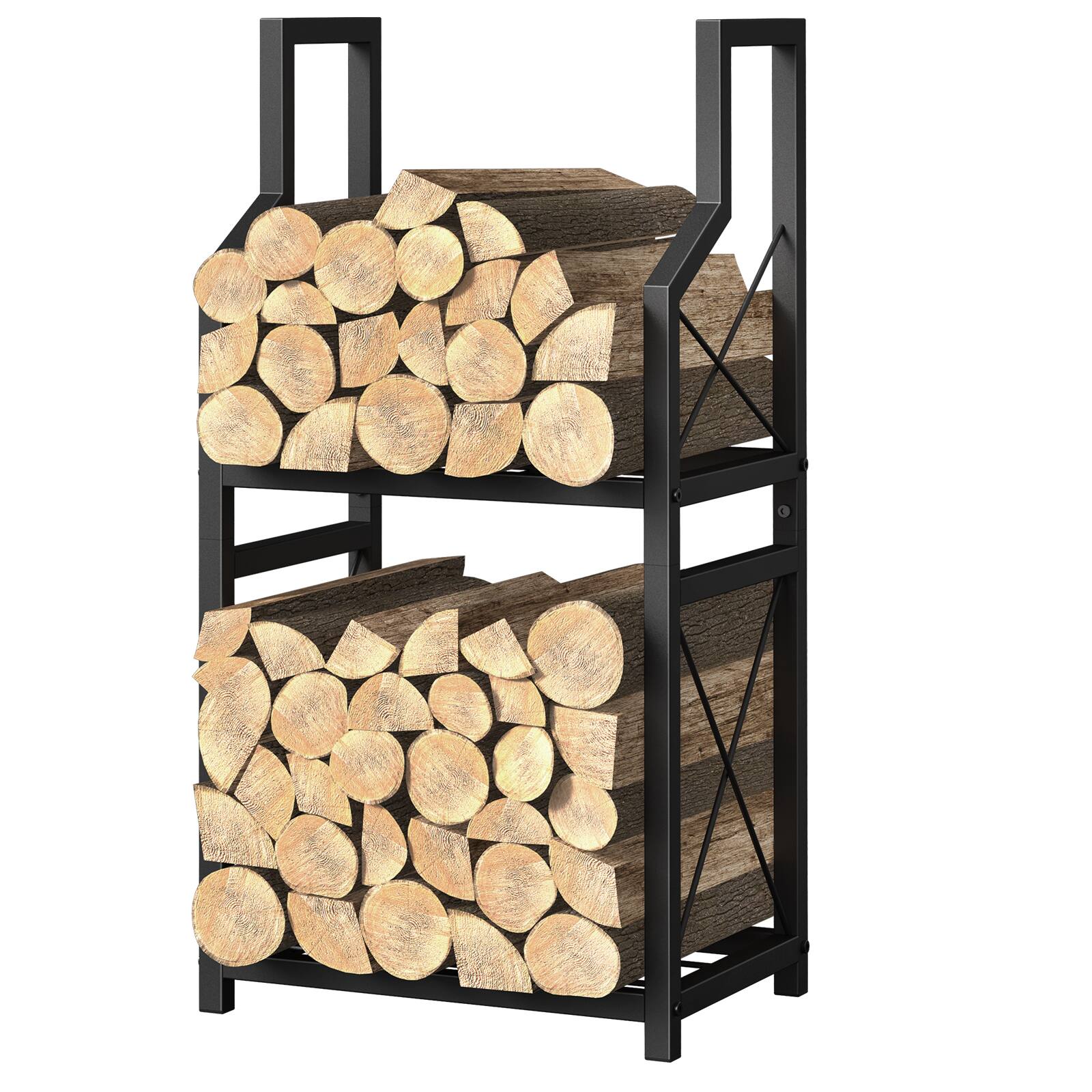 Alt View 2. Oumilen - Black Metal Firewood Rack, 2-Tier Heavy Duty Log Holder for Indoor and Outdoor Fireplace Storage - Black.
