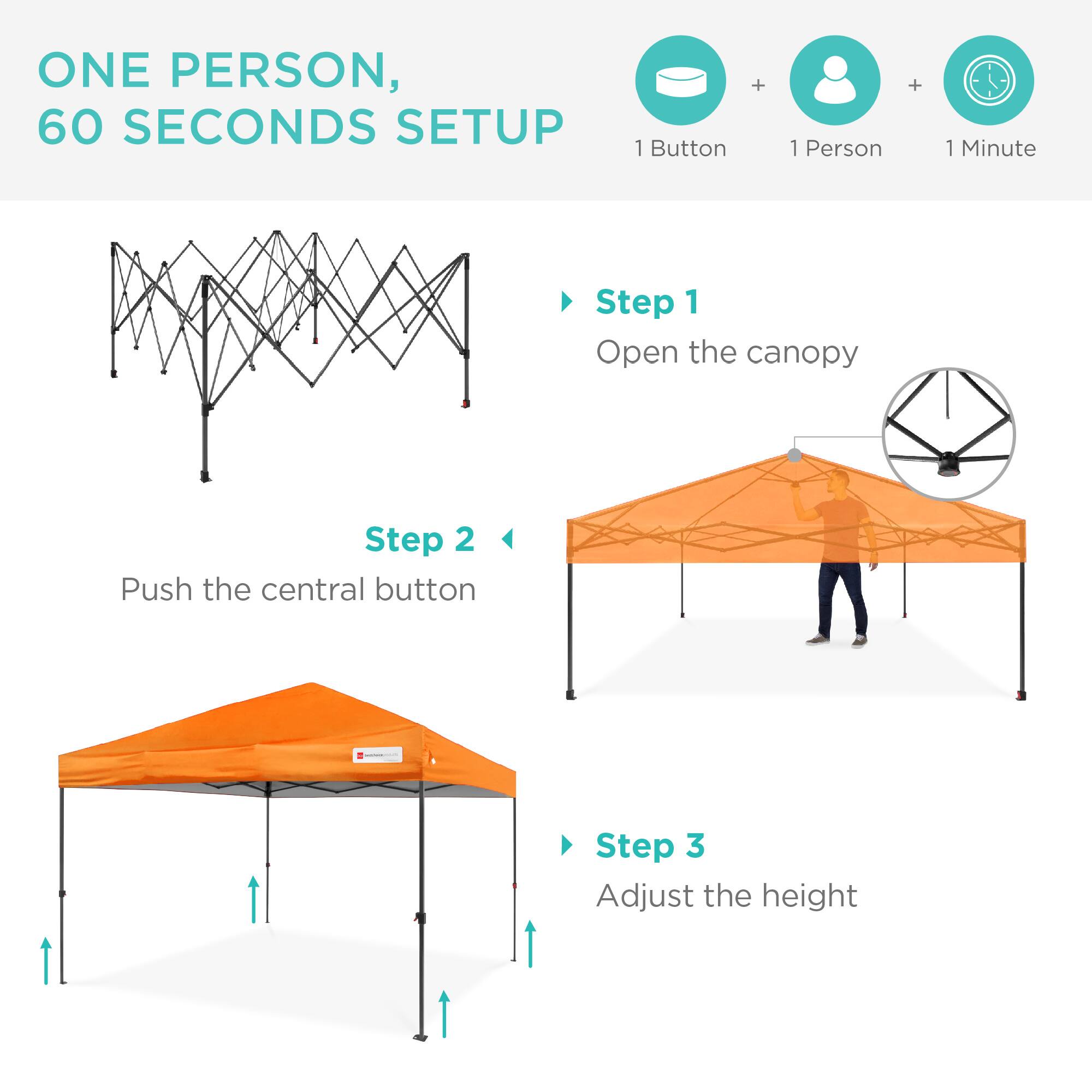 ONE PERSON, 60 SECONDS SETUP

1 Button + 1 Person + 1 Minute

Step 1
Open the canopy

Step 2
Push the central button

Step 3
Adjust the height