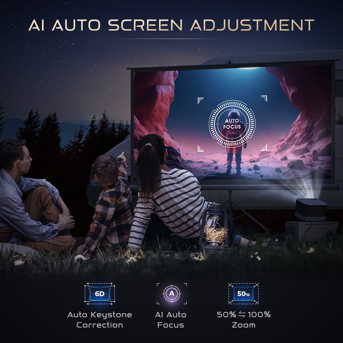 AI Auto Screen Adjustment:
* Auto Keystone Correction: 6D
* Auto Focus: 50%
* 50% Auto Focus
* 50% 100% Zoom