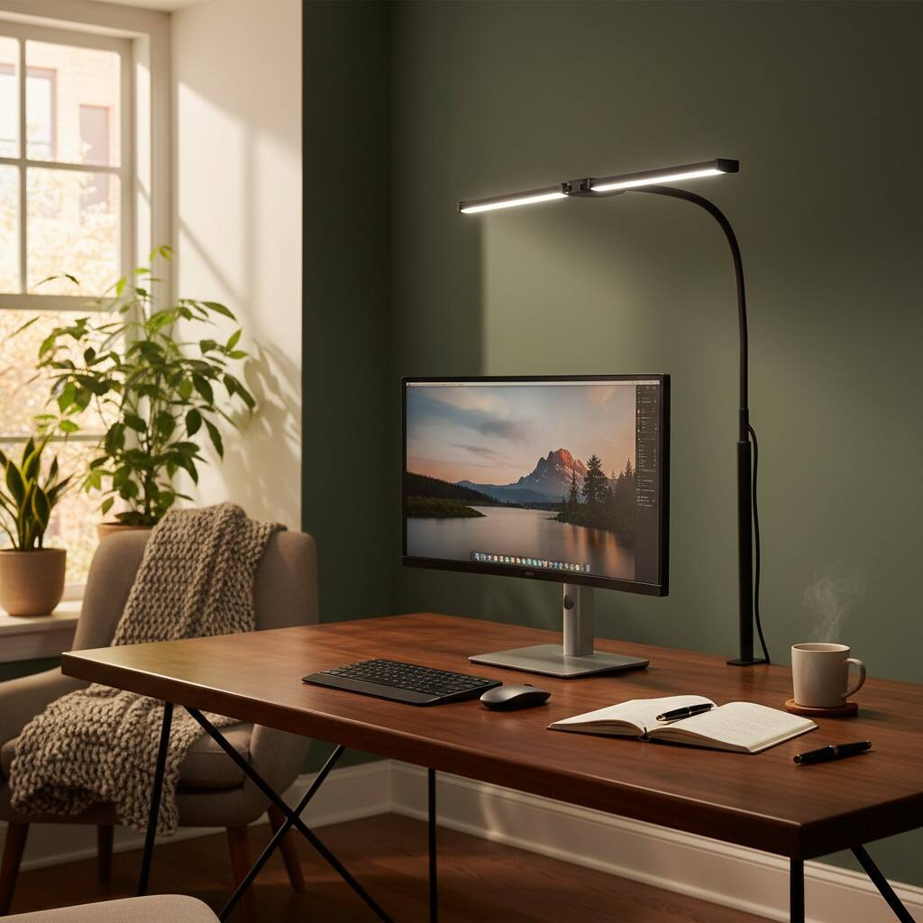 Alt View 1. Dazzed Corner - LED Desk Lamp with Clamp, Double Head, 3 Modes, 10 Brightness, Black.