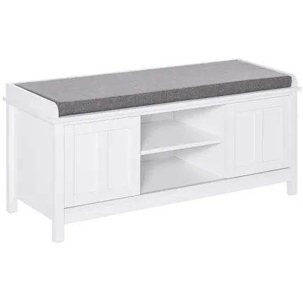 Front. Homcom - Entryway Shoe Bench Storage Ottoman with Sliding Doors, Adjustable Shelving, 6 Compartments, and Padded Seat - White.