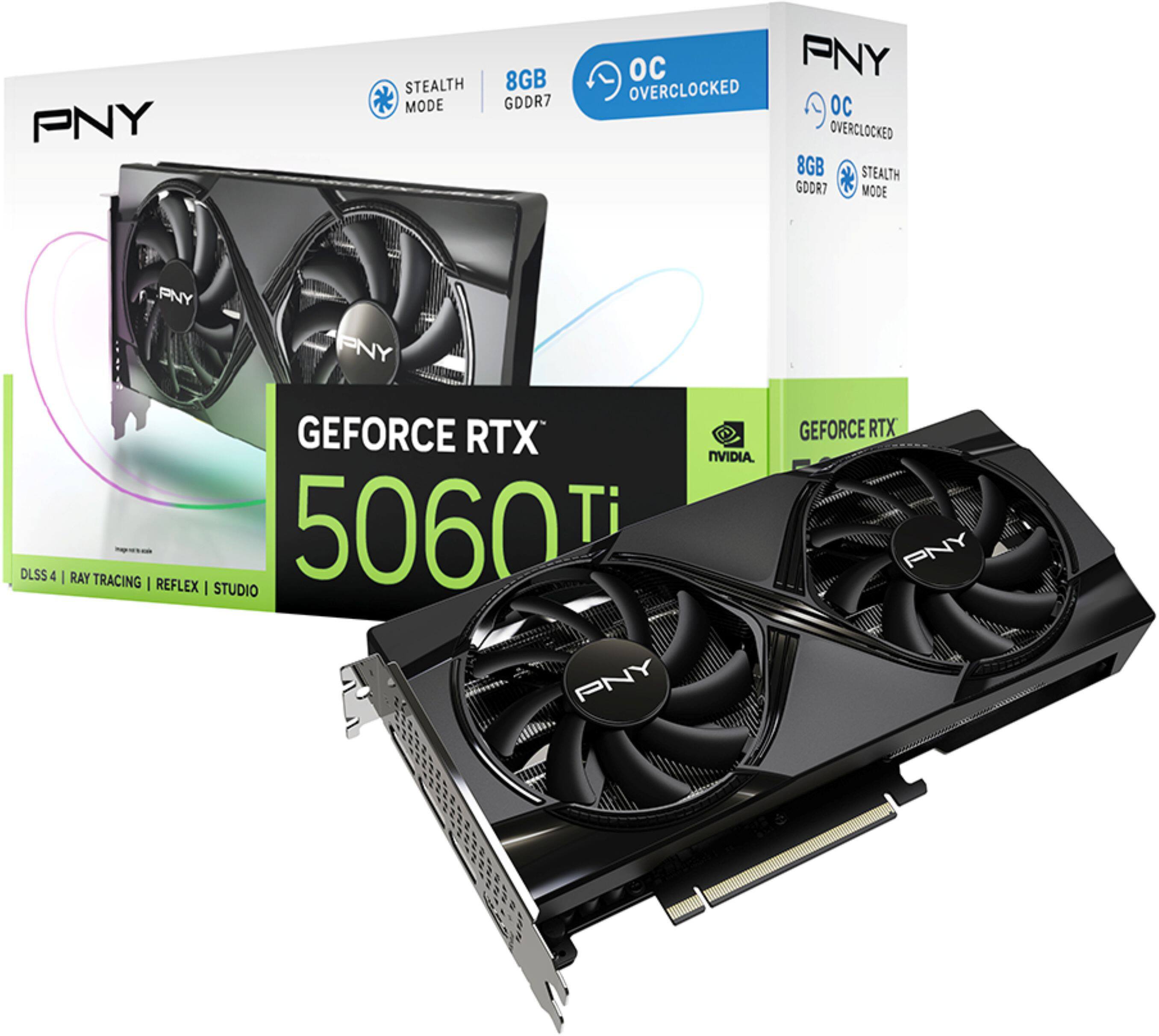 PNY STEALTH MODE 8GB GDDR7 OC PNY OVERCLOCKED OC OVERCLOCKED 8GB STEALTH MODE PNY PNY DLSS 4 GEFORCE RTX | RAY TRACING | REFLEX | STUDIO 5060 Ti PNY NVIDIA GEFORCE RTX