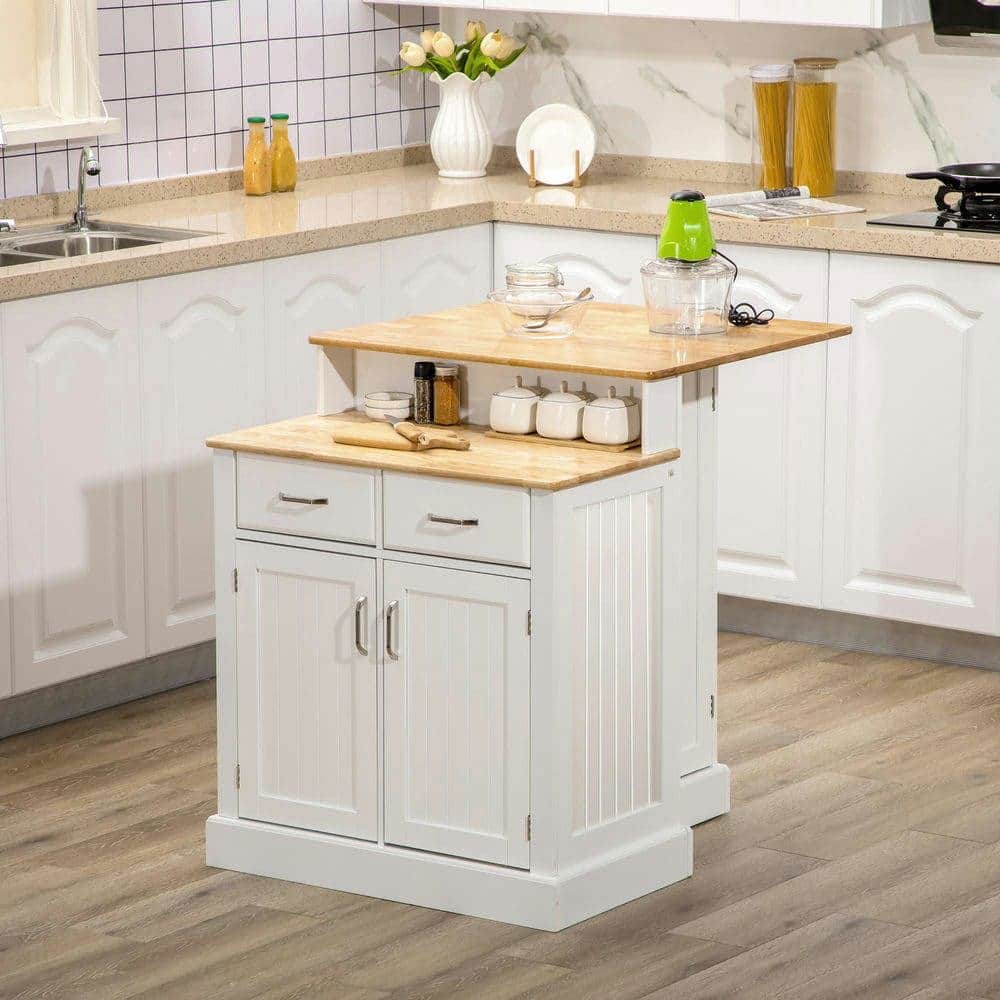 Kadyn - Kitchen Island with Two-Level Rubberwood Top & Adjustable Shelves - White