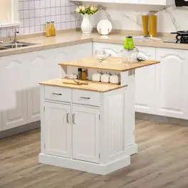 Kadyn - Kitchen Island with Two-Level Rubberwood Top & Adjustable Shelves - White
