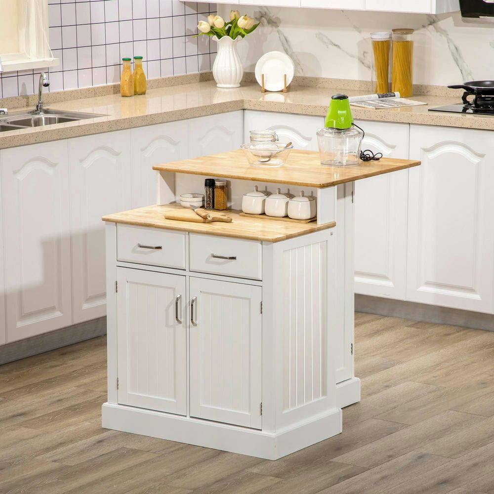 Front. Kadyn - Kitchen Island with Two-Level Rubberwood Top & Adjustable Shelves, White - White.