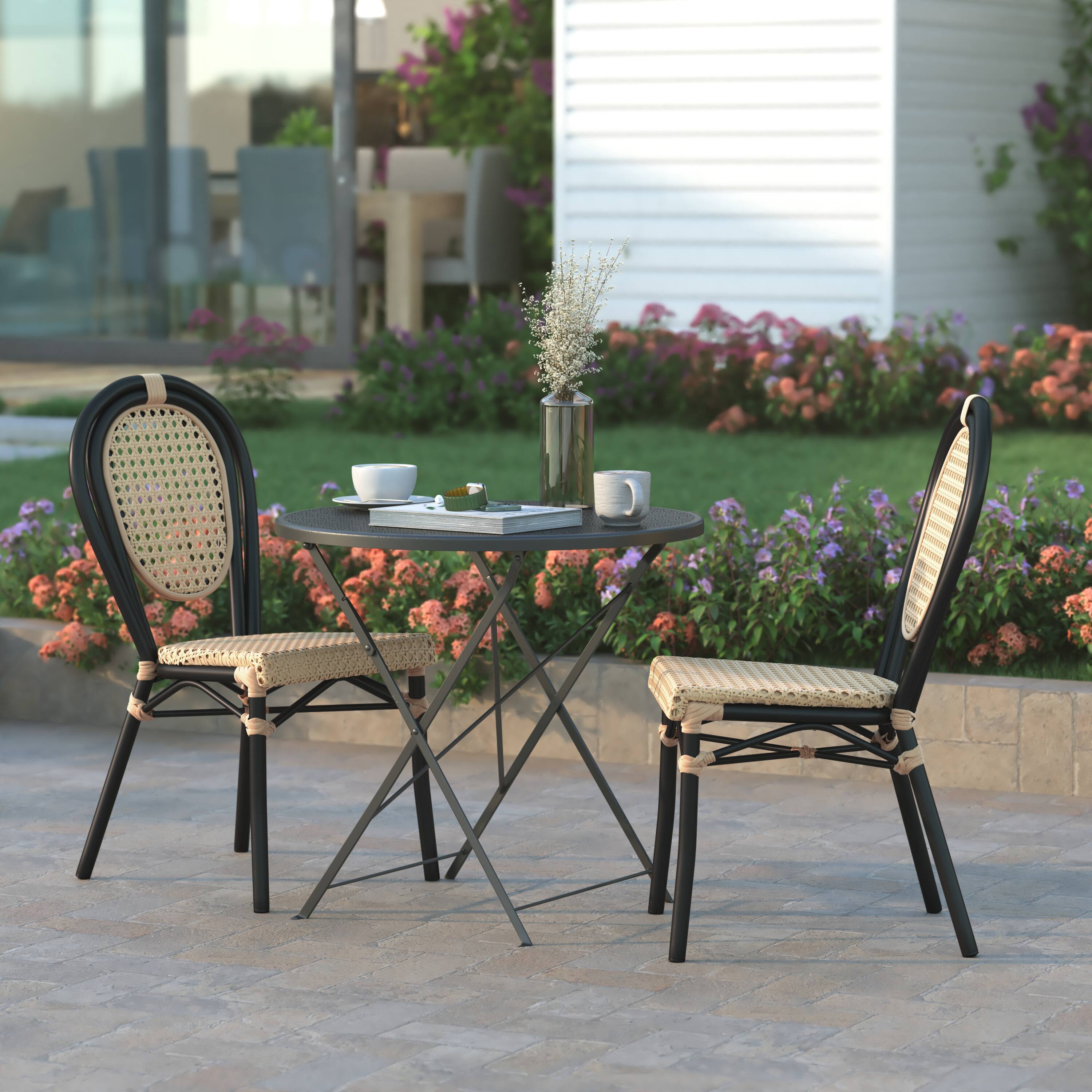 Alt View 4. Emma + Oliver - Reims Set of Two Indoor/Outdoor Stacking Thonet Bistro Style Chairs with PE Cane Rattan Seat and Metal Frame - Natural/Black Frame.