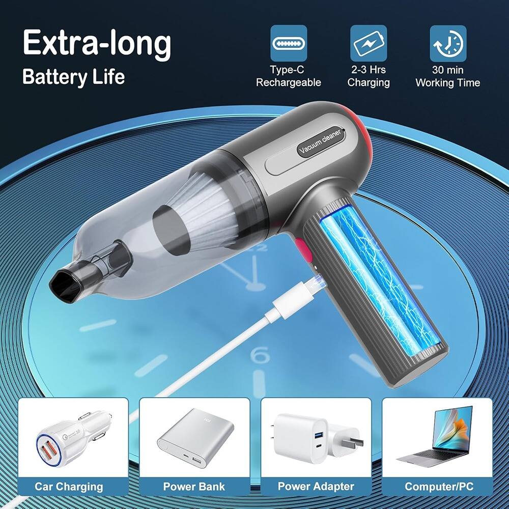 Extra-long Battery Life

- Type-C Rechargeable
- 2-3 Hrs Charging
- 30 min Working Time

- Car Charging
- Power Bank
- Power Adapter
- Computer/PC