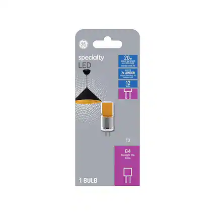 H specialty LED 20w nearly as bright as a 20w but uses 2w energy. LASTS 7x LONGER than a 1000-hour T3 Halogen bulb. 12 Volts. T3 G4 Straight Pin Base. 1 BULB