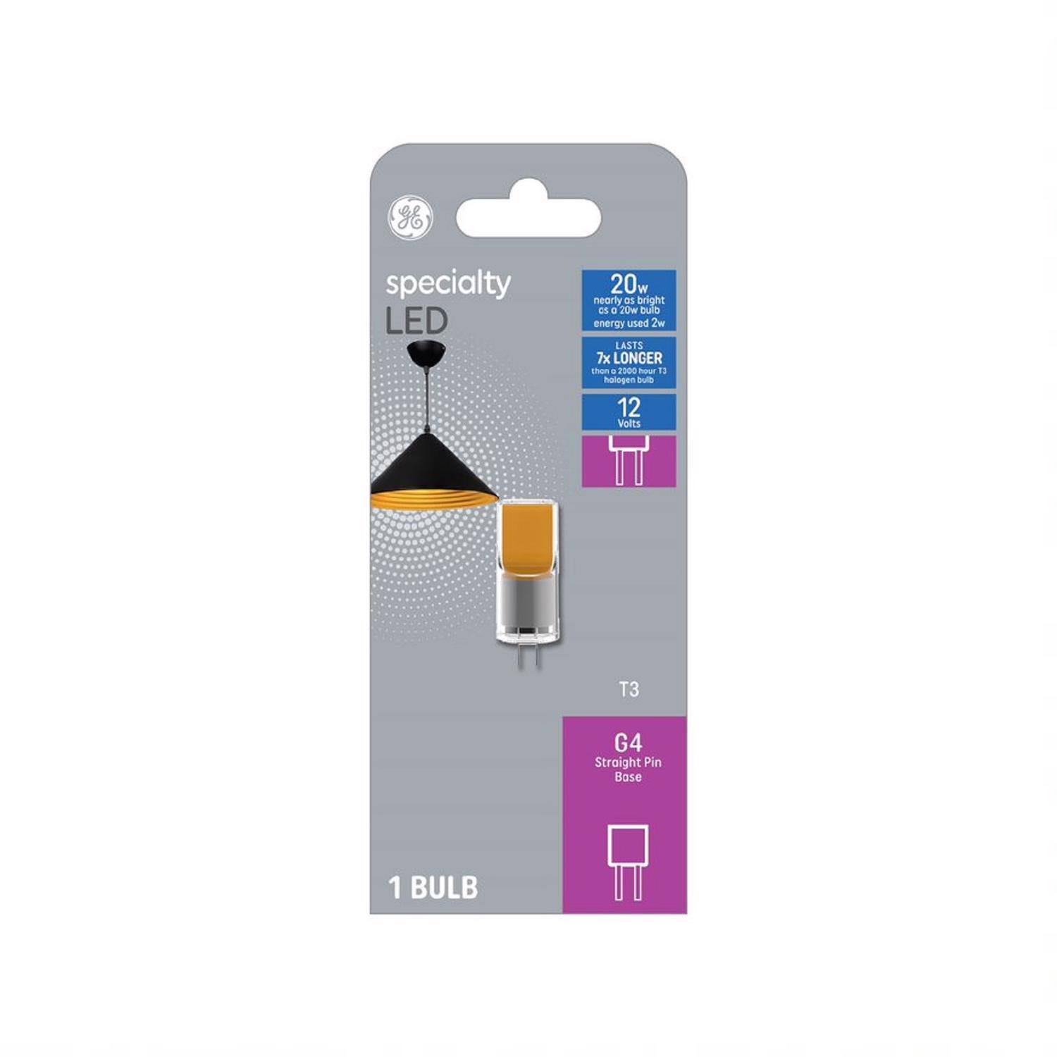 H specialty LED 20w nearly as bright as a 20w but uses 2w energy. LASTS 7x LONGER than a 1000-hour T3 Halogen bulb. 12 Volts. T3 G4 Straight Pin Base. 1 BULB