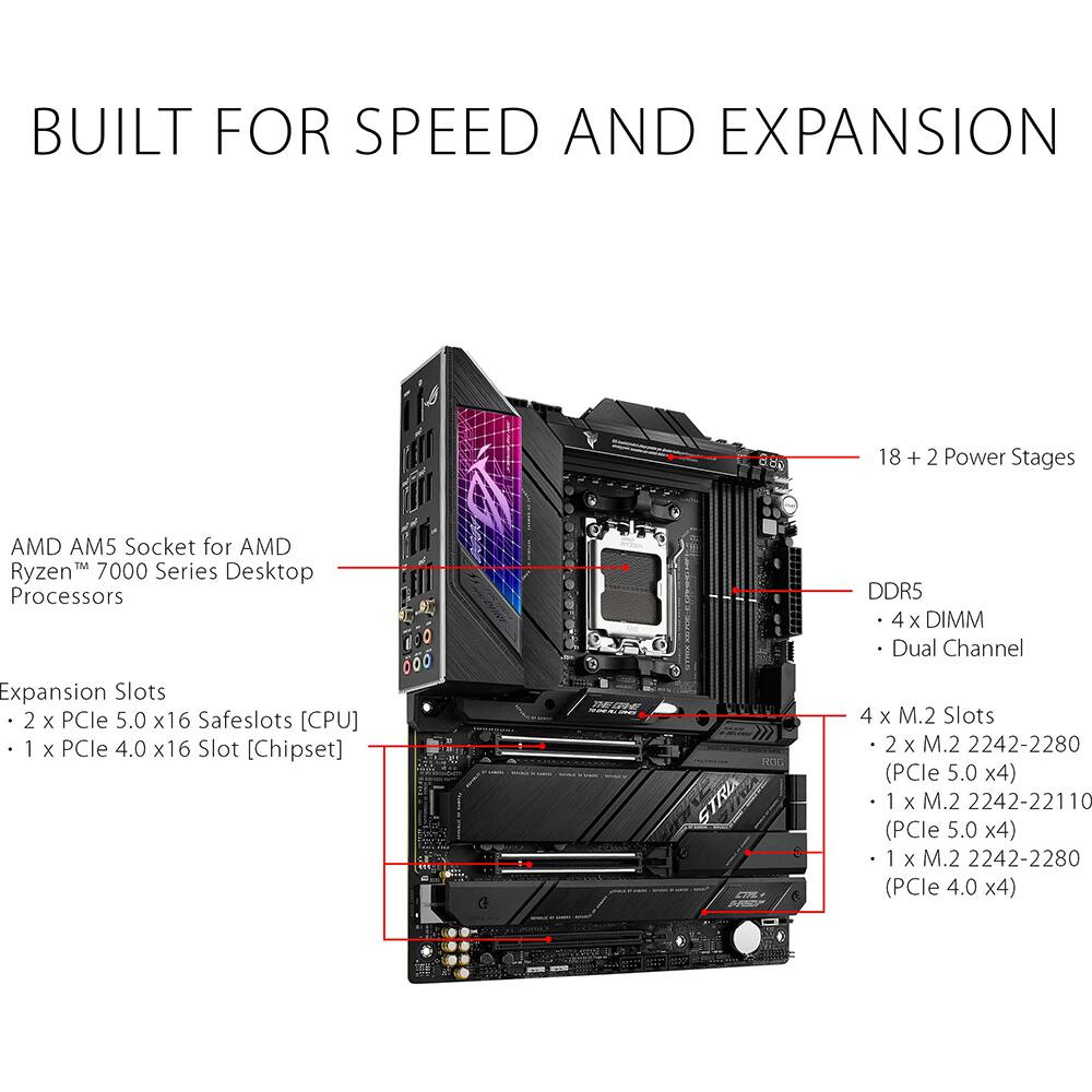 BUILT FOR SPEED AND EXPANSION

- 18 + 2 Power Stages
- AMD AM5 Socket for AMD Ryzen™ 7000 Series Desktop Processors
- DDR5
  - 4 x DIMM
  - Dual Channel
- Expansion Slots
  - 2 x PCIe 5.0 x16 Safeslots [CPU]
  - 1 x PCIe 4.0 x16 Slot [Chipset]
- 4 x M.2 Slots
  - 2 x M.2 2242-2280 (PCIe 5.0 x4)
  - 1 x M.2 2242-22110 (PCIe 5.0 x4)
  - 1 x M.2 2242-2280 (PCIe 4.0 x4)