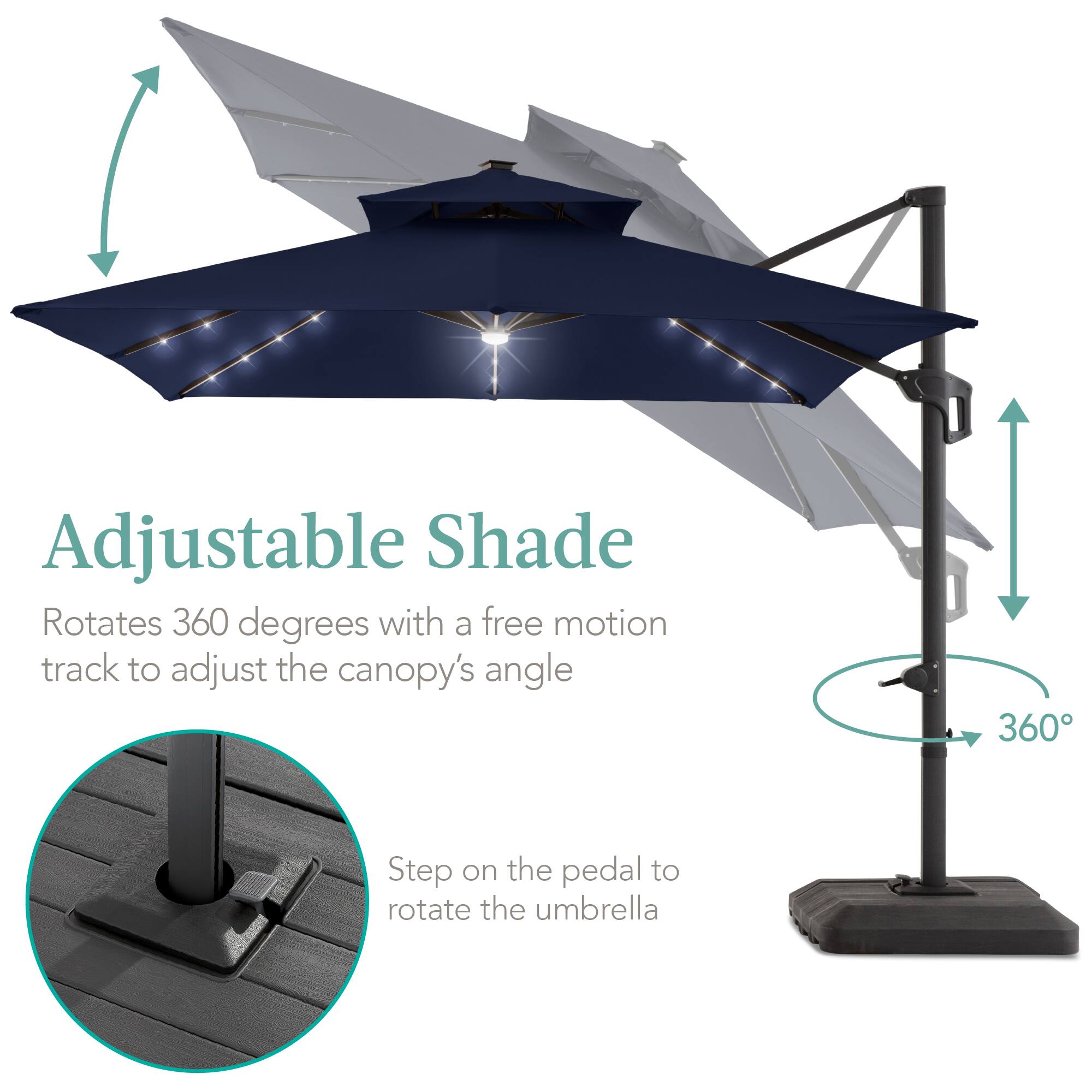 Adjustable Shade  
Rotates 360 degrees with a free motion track to adjust the canopy's angle  

Step on the pedal to rotate the umbrella
