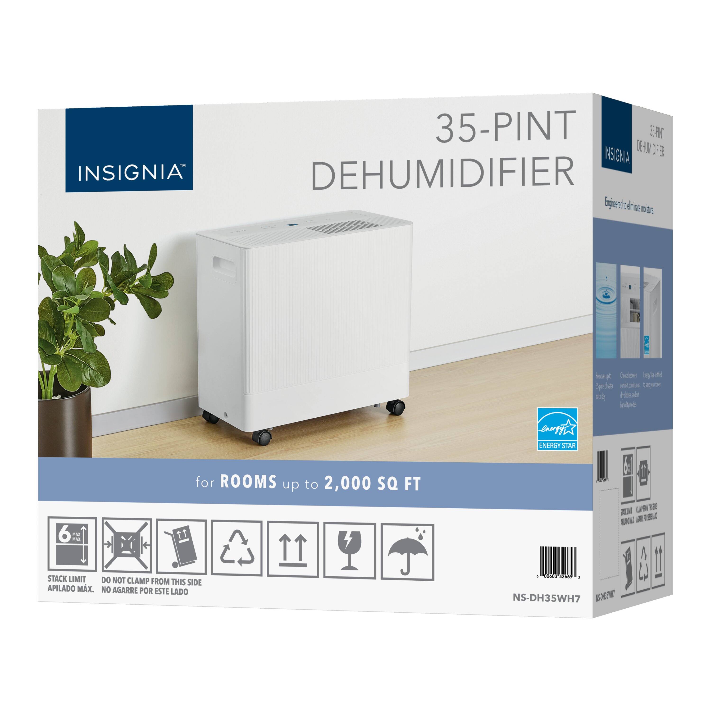 INSIGNIA 35-PINT DEHUMIDIFIER  
for ROOMS up to 2,000 SQ FT  
ENERGY STAR  
STACK LIMIT DO NOT CLAMP FROM THIS SIDE  
APILADO MAX. NO AGARRE POR ESTE LADO  
NS-DH35WH7