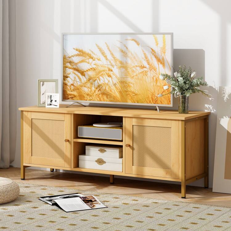Left. SlickBlue - Boho TV Stand with Faux Rattan Doors, Fits TVs up to 55 Inches - Natural.