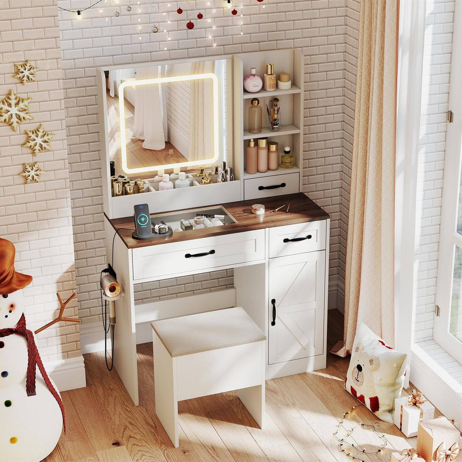 Left. Pefilos - Vanity Desk and Stool Set, LED Lighted Mirror, 7 Drawers & 3 Shelves, Integrated Charging Station, Practical White - White.