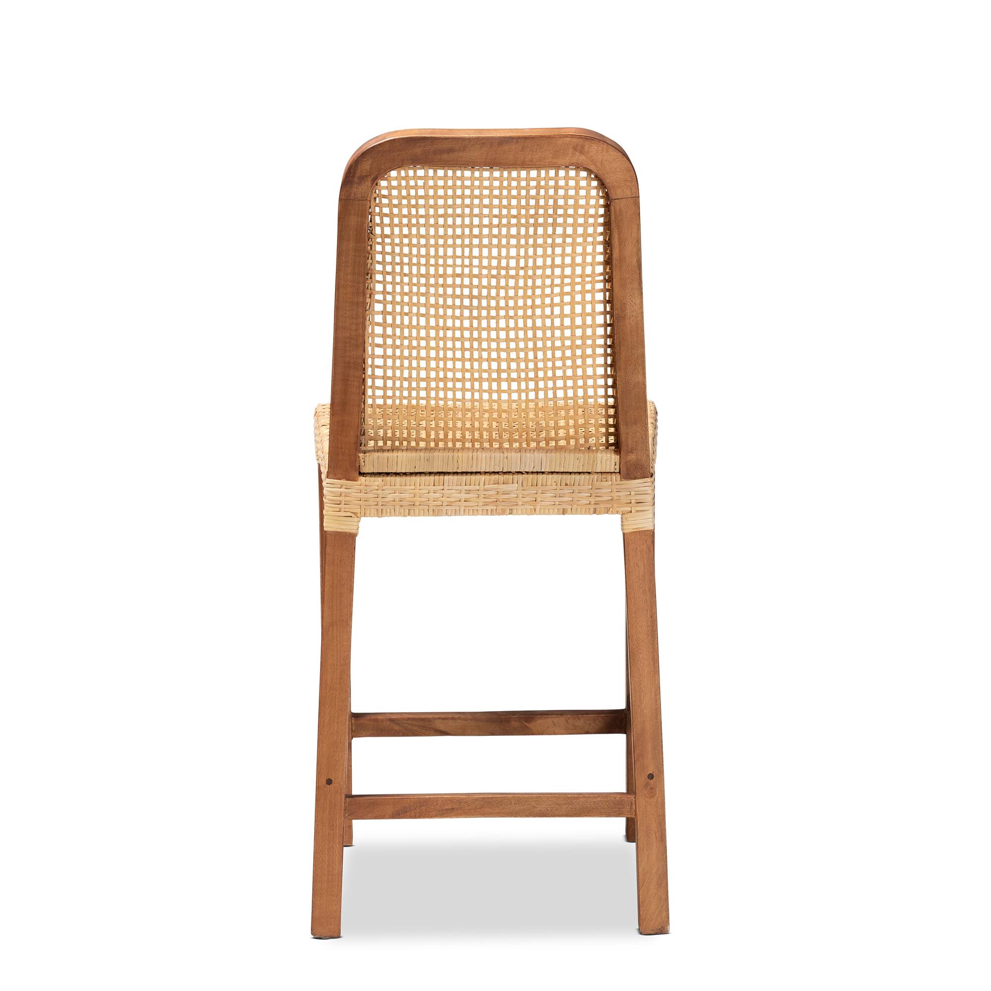 Back. bali & pari - Caspia Mid-Century Modern Walnut Mahogany Wood and Natural Rattan Counter Stool - Natural Brown/Walnut Brown.
