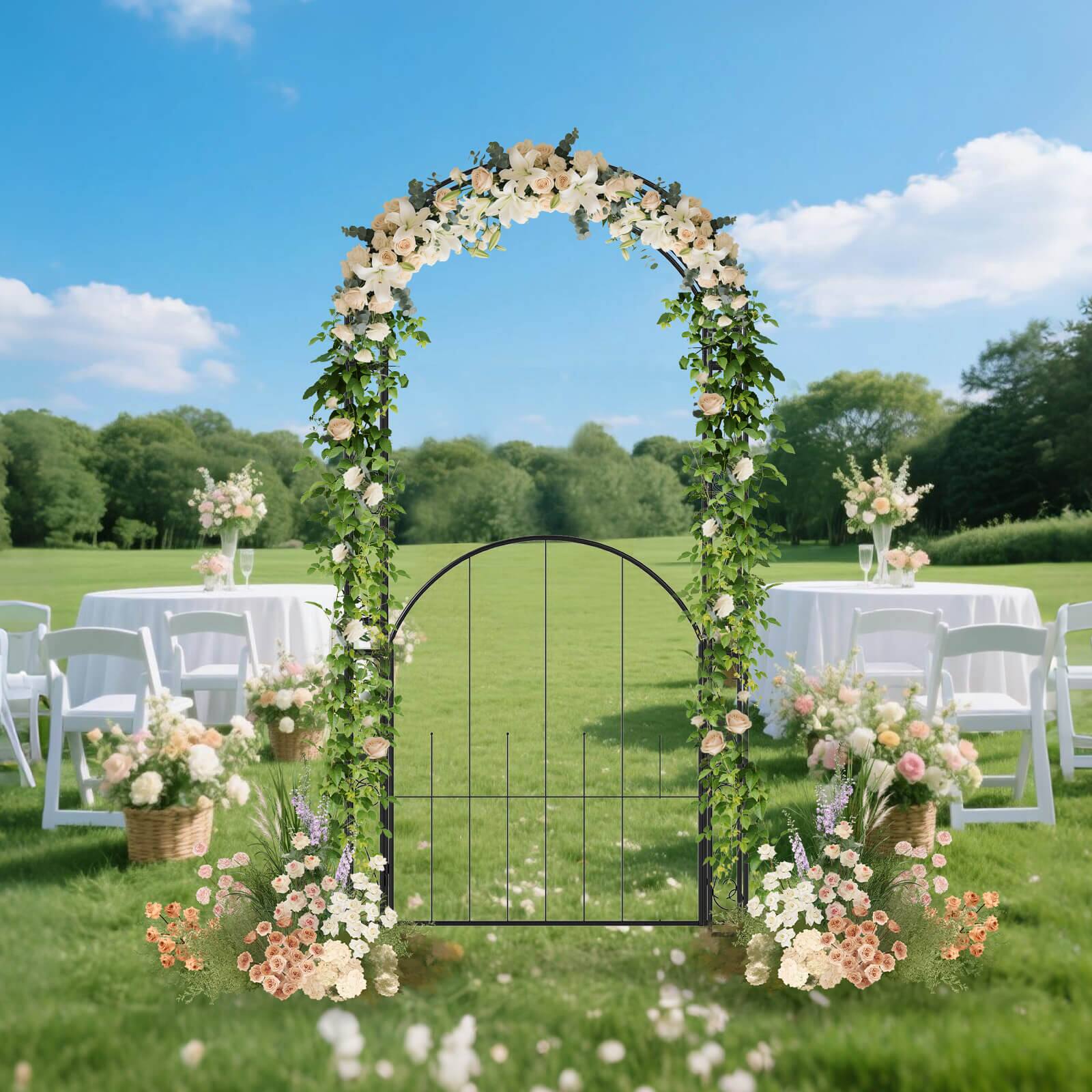 Alt View 4. Costway - Costway 84" Tall Garden Arch with Gate & Trellises.Metal Arbor for Climbing Plants,Patio - Black.