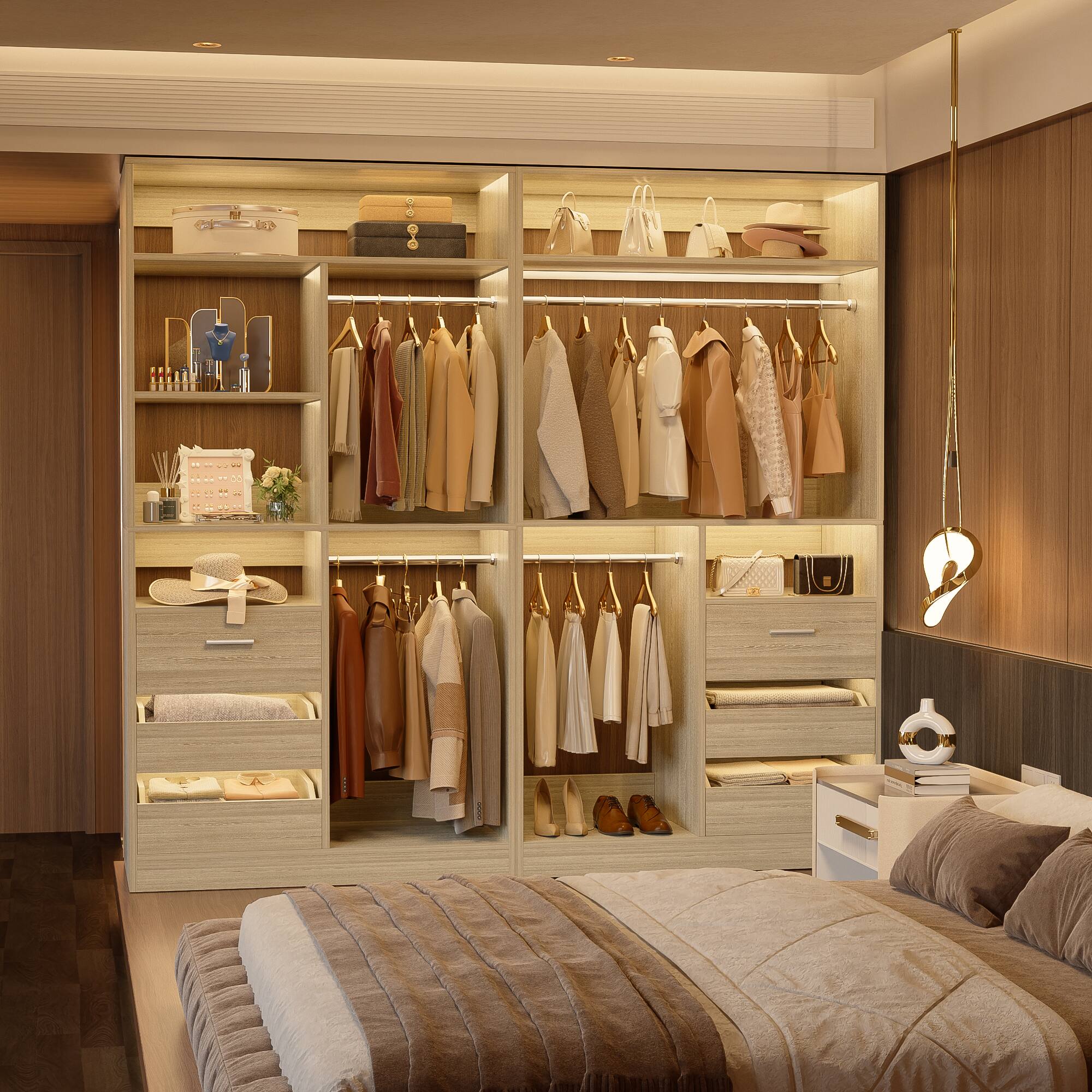 Angle. Aheaplus - 2-Set 72" Heavy Duty Walk-in Wardrobe, Closet Organizer with 6 Drawers & 4 Hanging Rods for Home/Garage - White Oak.