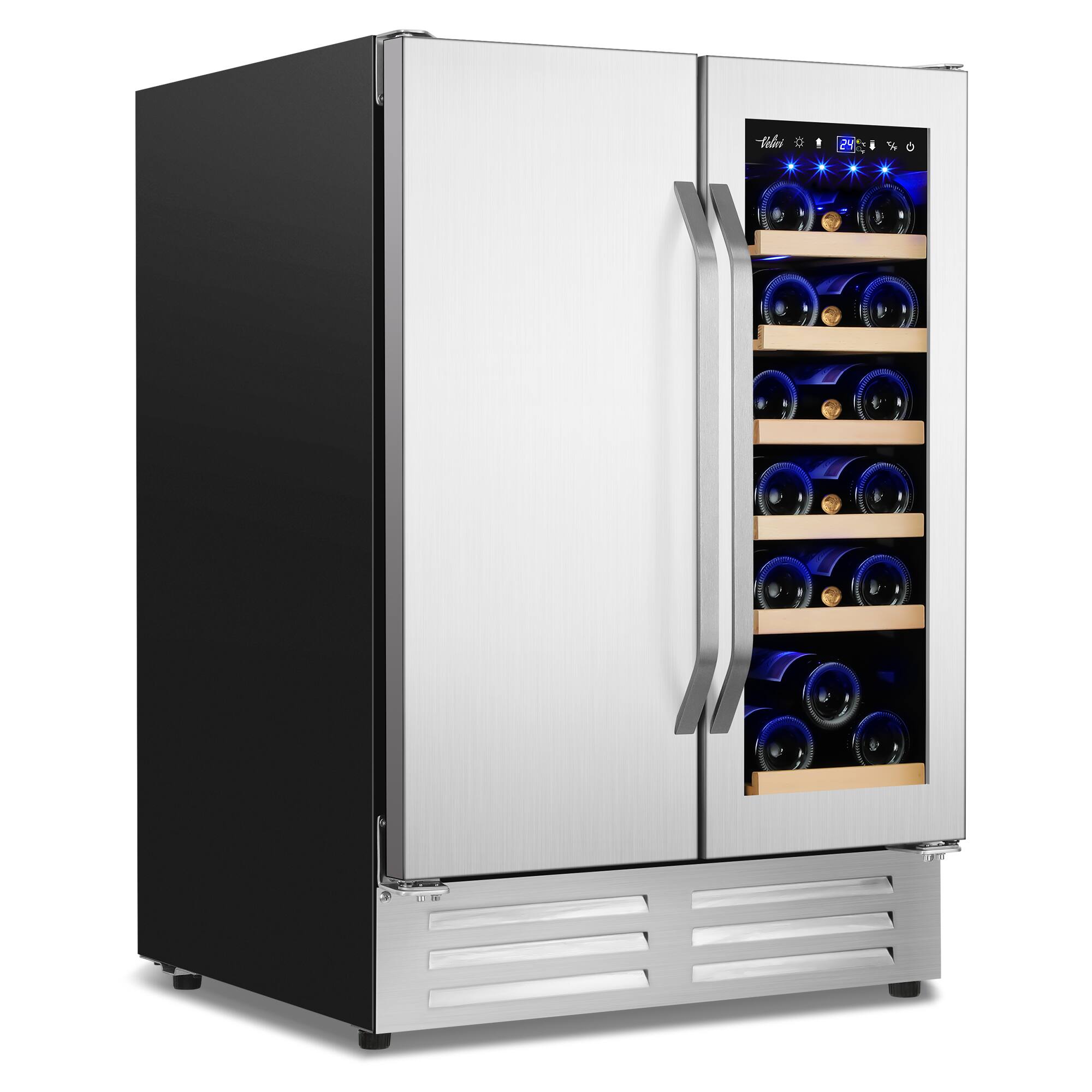 Left. HOOURE - 24in. Dual Zone 20 Bottles and 88 Cans Capacity Wine Beverage Cooler, Built-in/Freestanding Fridge with Powerful Cool - Stainless steel.
