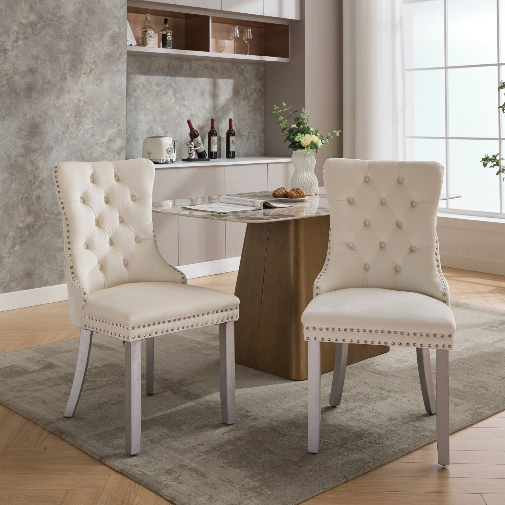 Alt View 9. GOODSILO - Modern High-End Tufted Velvet Upholstered Dining Chairs with Solid Wood Legs and Nailhead Trim, Set of 2 - Milk White.