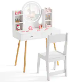 Costway - Kids Vanity Set Princess Vanity Desk Set with 2-Color LED Lighted Acrylic Mirror - White