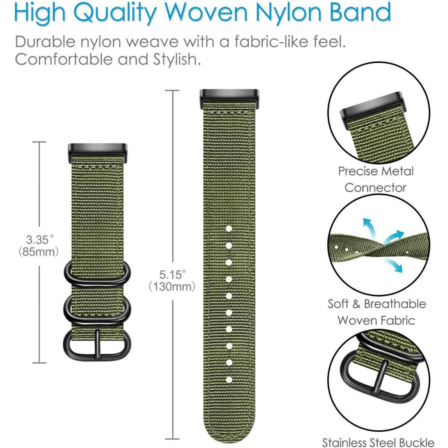 High Quality Woven Nylon Band

Durable nylon weave with a fabric-like feel. Comfortable and Stylish.

- Precise Metal Connector
- Soft & Breathable Woven Fabric
- Stainless Steel Buckle

3.35" (85mm)  
5.15" (130mm)