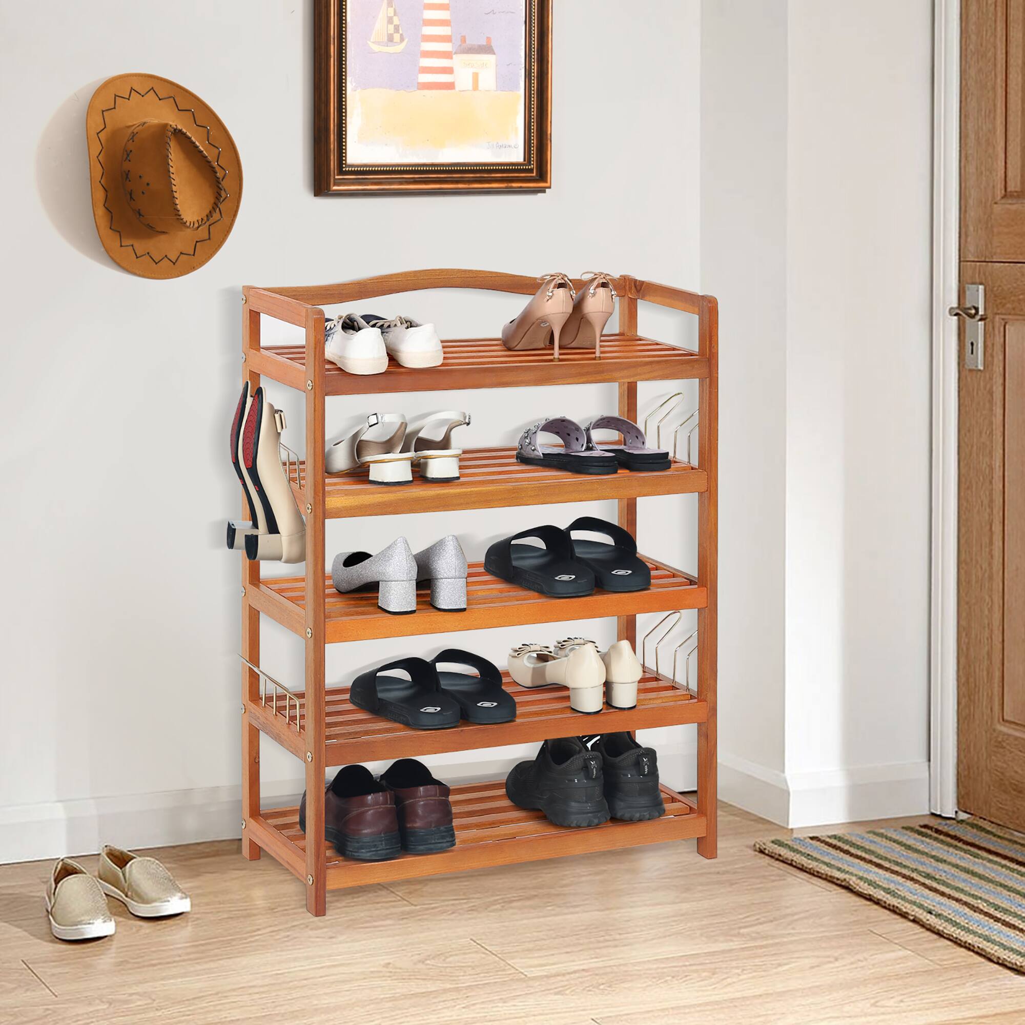Alt View 12. Costway - 5-Tier Wood Shoe Rack Solid Acacia Wood Shoe Shelf with Side Metal Hooks - Reddish Brown.