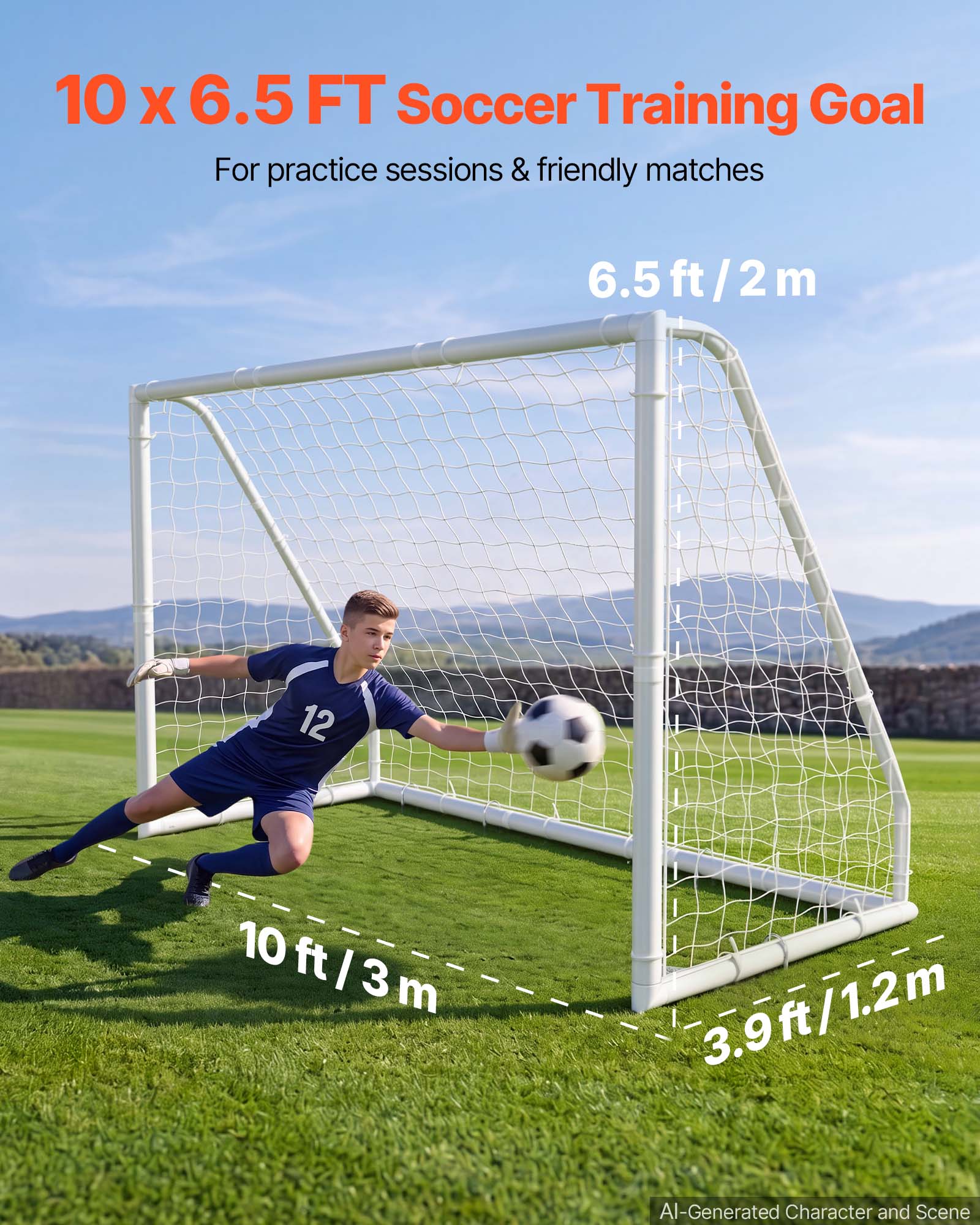 10 x 6.5 FT Soccer Training Goal  
For practice sessions & friendly matches  

6.5 ft / 2 m  
10 ft / 3 m  
3.9 ft / 1.2 m  

AI-Generated Character and Scene
