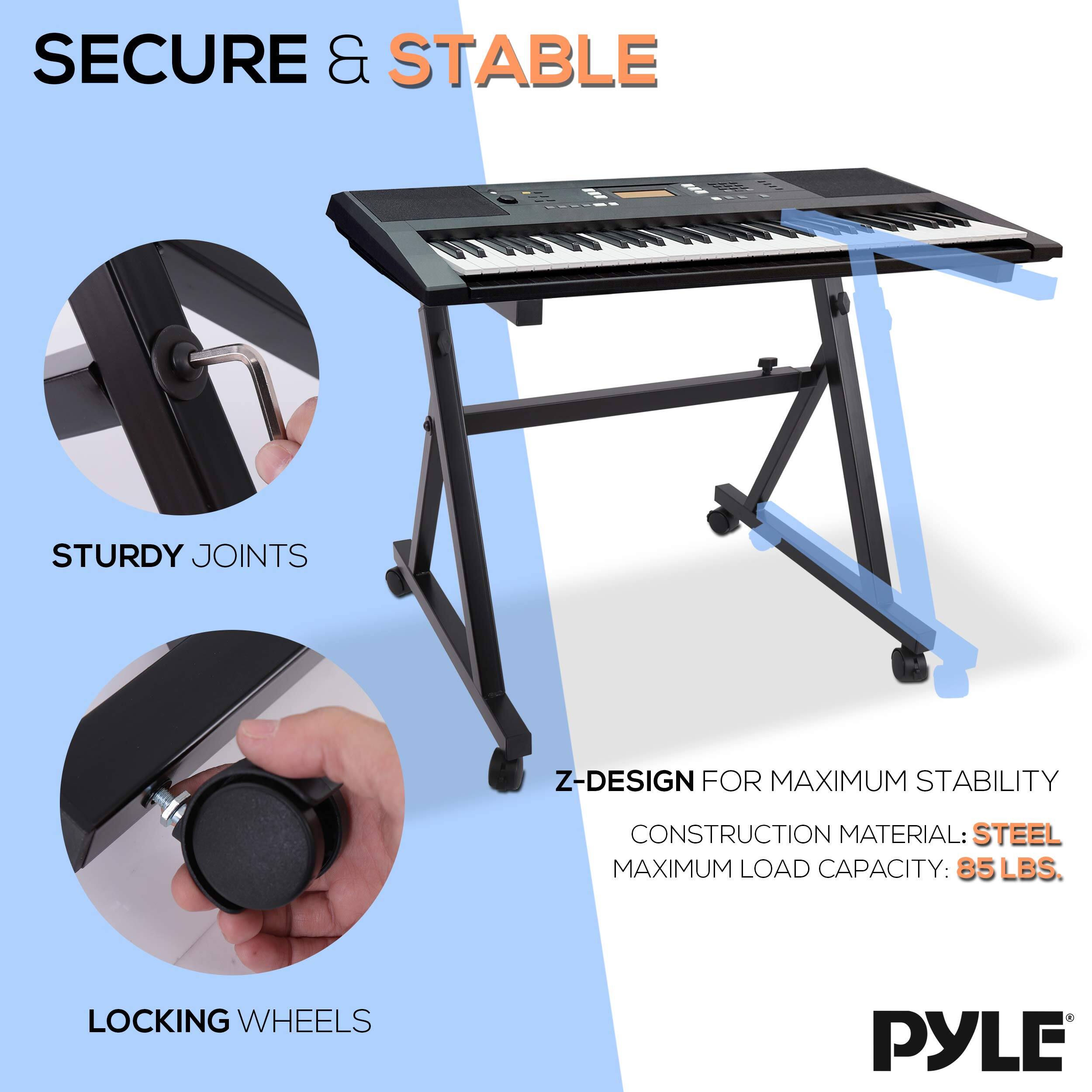 SECURE & STABLE

STURDY JOINTS

Z-DESIGN FOR MAXIMUM STABILITY

CONSTRUCTION MATERIAL: STEEL

MAXIMUM LOAD CAPACITY: 85 LBS.

LOCKING WHEELS

PYLE