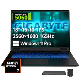 GIGABYTE - Upgraded - GAMING A18 18" Gaming Laptop,AMD Ryzen 7 260,GeForce RTX 5060,32GB,1TB SSD+1TB Dock Set,Backlit,Win 11 Pro - Black