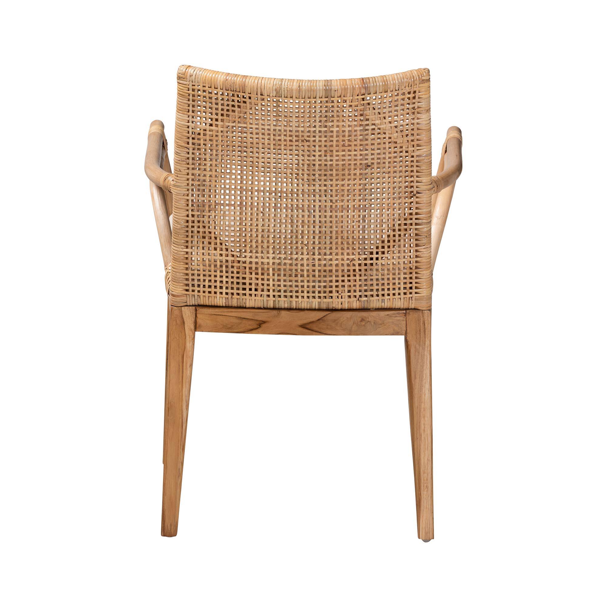 Left. bali & pari - Storsel Modern Bohemian Finished Teak Wood and Rattan Dining Chair - Natural Brown/Cream.