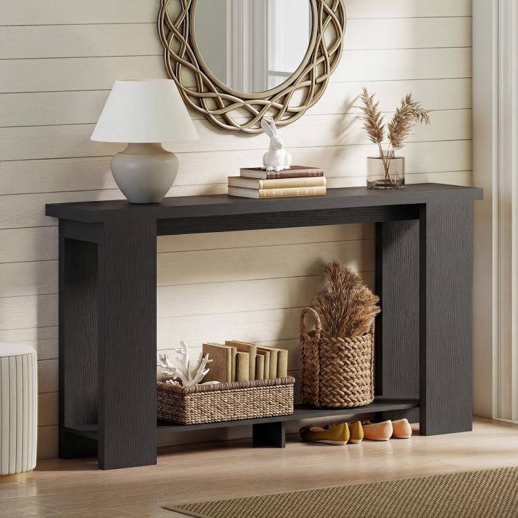 Alt View 6. PULUZ - Farmhouse Console Table, 63 inch Narrow Entryway Table with Thickened Tabletop for Living Room, Hallway - Distressed Black.
