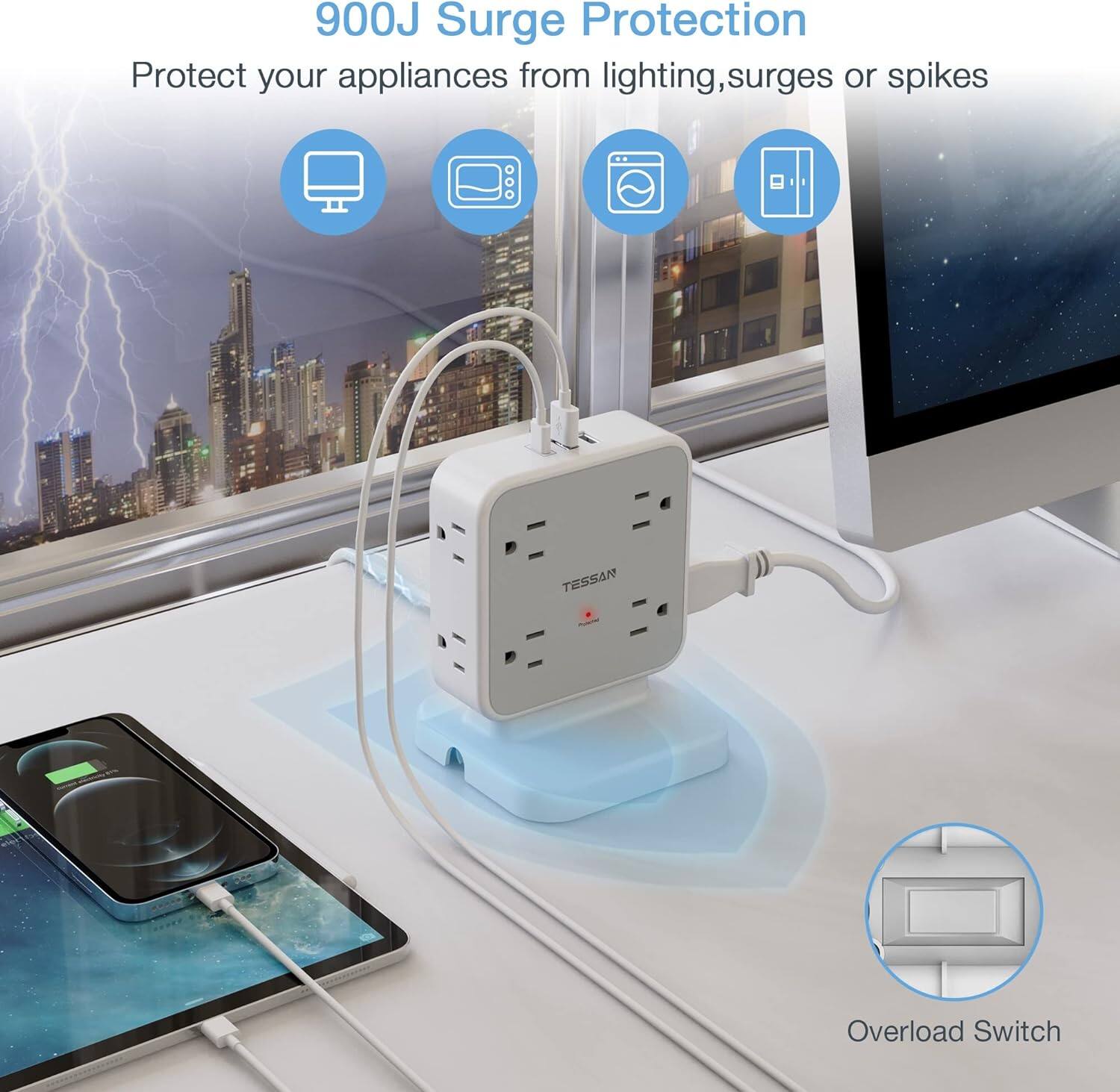 900J Surge Protection  
Protect your appliances from lightning, surges, or spikes  

Overload Switch