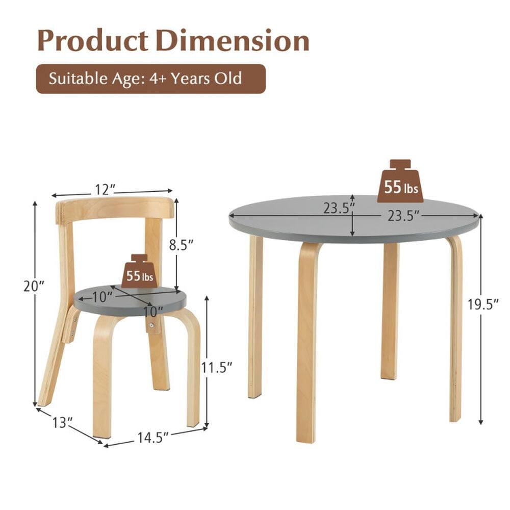 Product Dimension  
Suitable Age: 4+ Years Old  

- Chair:  
  - Height: 12"  
  - Seat Diameter: 10"  
  - Seat Depth: 8.5"  
  - Back Height: 20"  
  - Leg Length: 13"  
  - Leg Width: 14.5"  
  - Weight Capacity: 55 lbs  

- Table:  
  - Diameter: 23.5"  
  - Height: 19.5"  
  - Weight Capacity: 55 lbs