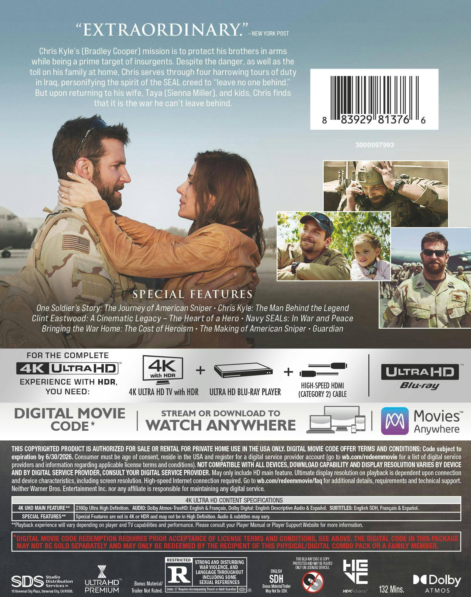 Back. American Sniper   - 4K Blu-Ray.