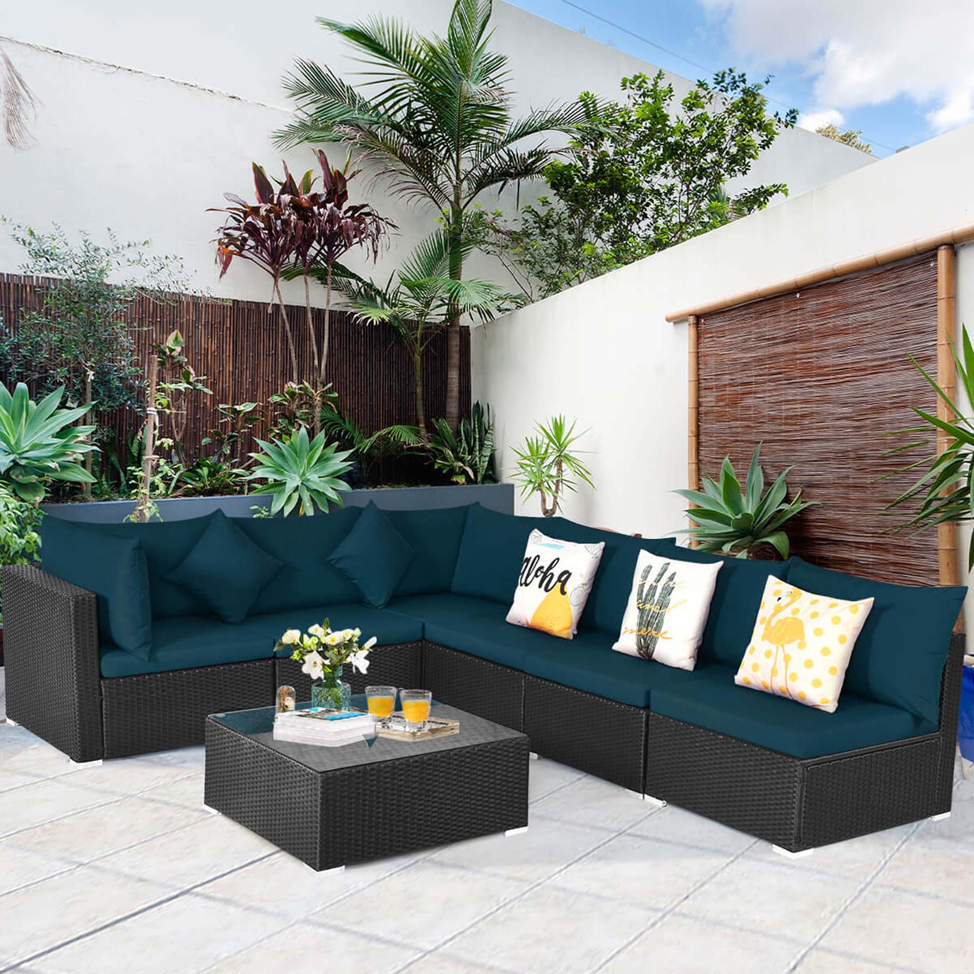 Alt View 7. Costway - 7PCS Patio Rattan Sofa Set Sectional Conversation Furniture Set Garden Outdoor - Peacock Blue.